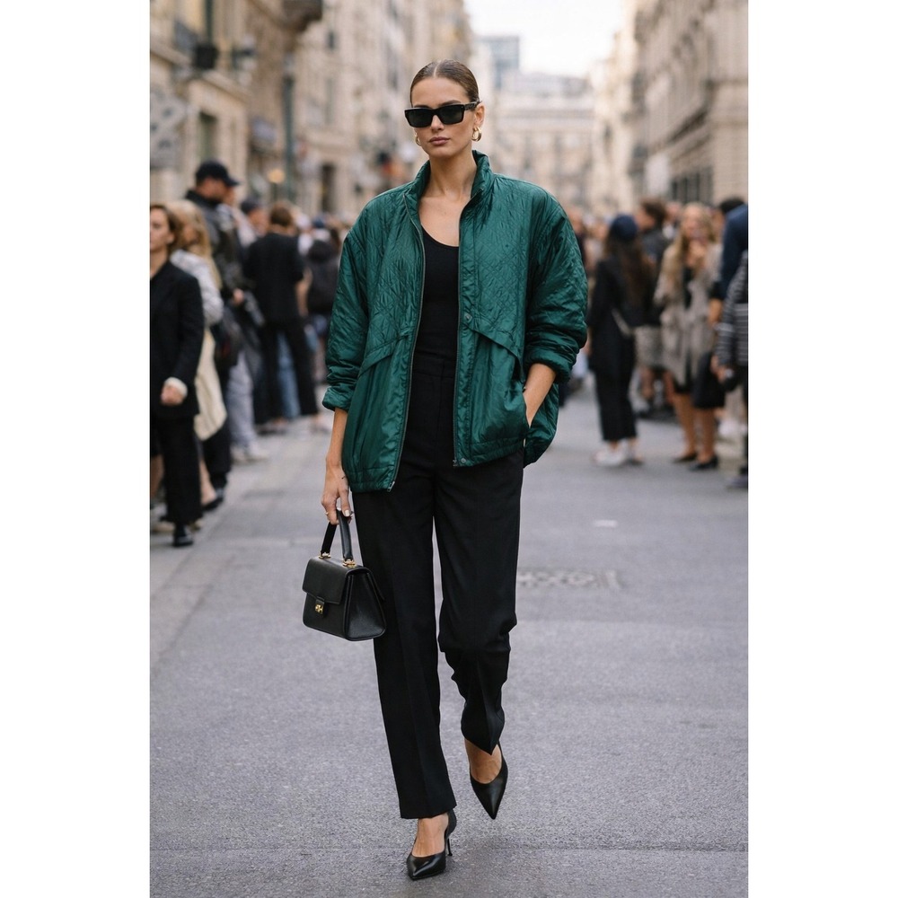 Lavon VTG Emerald‎ Green Silk Quilted Bomber Jacket Oversized Runway Street M